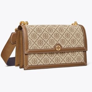 Tory Burch T Monogram Jaquard Shoulder Bag Hazelnut Brown & Beige 2 Straps